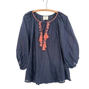 Benaras by Citrus Women Large Linen Hampton Folk Embroidered Long Sleeve Top